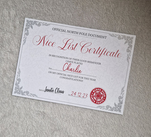 A4 Personalised Nice List Certificate