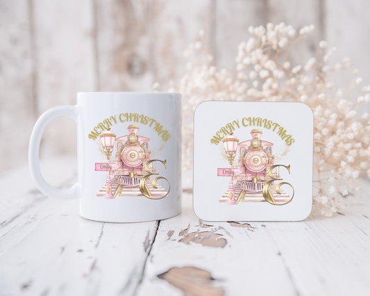 Pink Christmas Express Initial Mug and Coaster