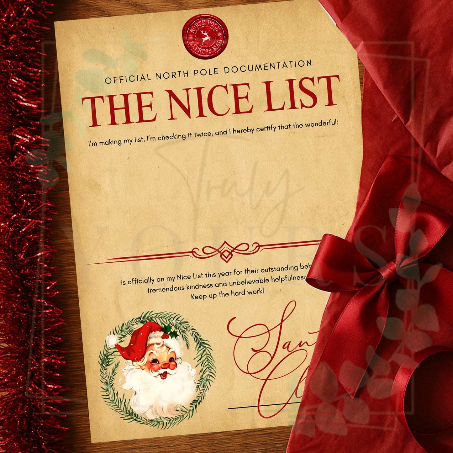 Traditional Santa Wreath Nice List Certificate