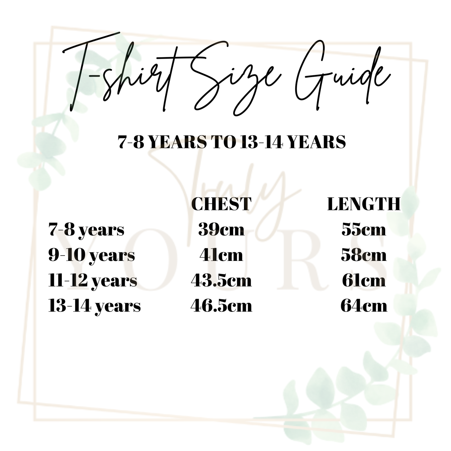 T-shirt size guide for children aged 7-8 to 13-14 years with measurements for chest and length.