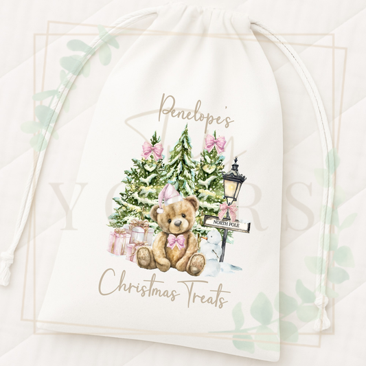 Mini Christmas Sack - Pink North Pole Bear