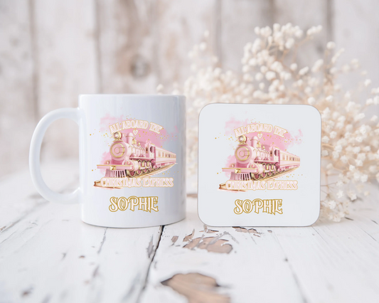 Pink All Aboard Mug and Coaster