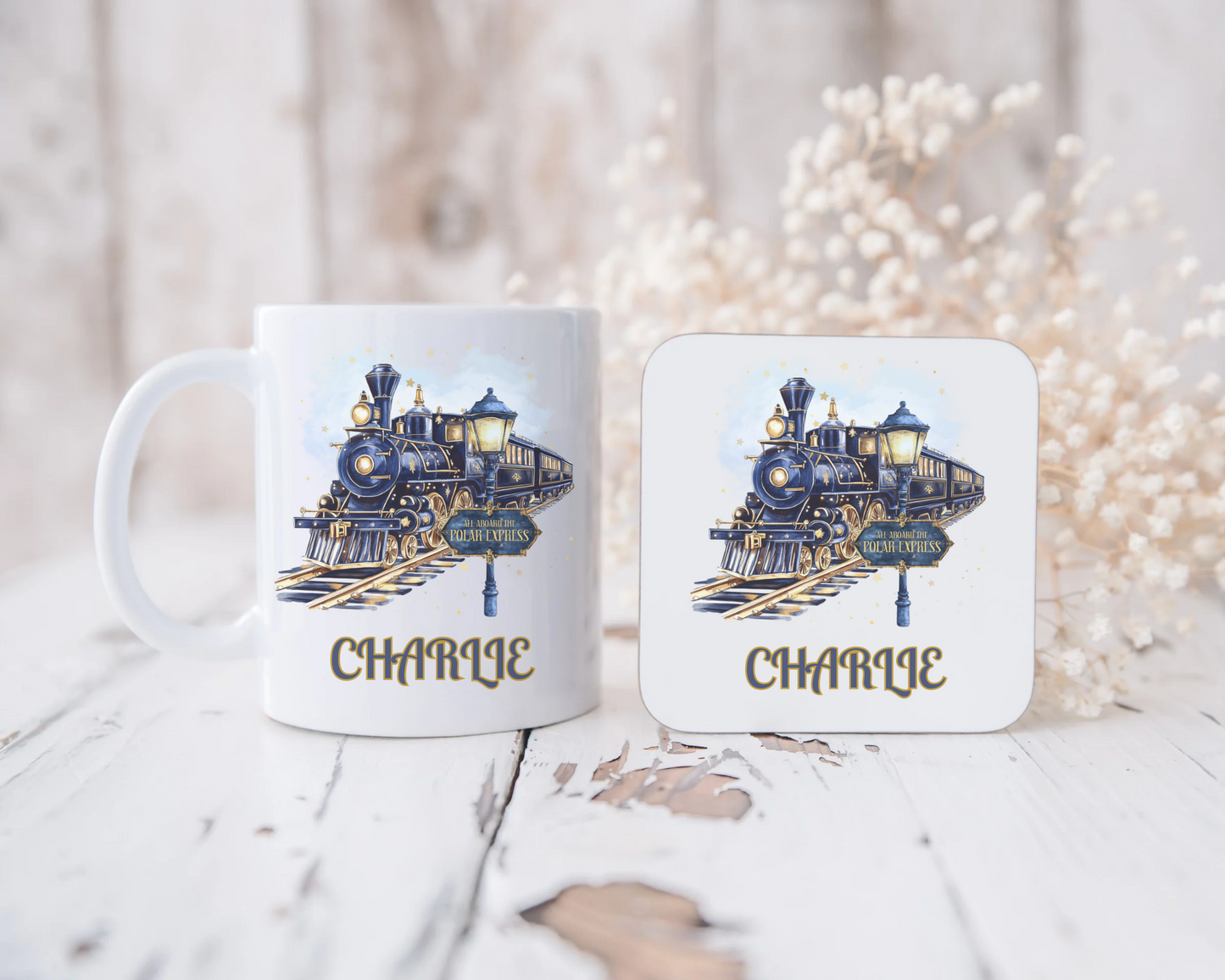 Blue All Aboard Mug and Coaster