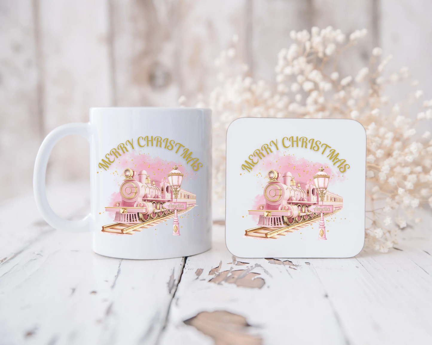 Pink Merry Christmas Express Mug and Coaster